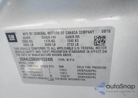 2017 Chevrolet Equinox Lt z USA, uszkodzony, nr VIN 2GNALCEK6H1522436